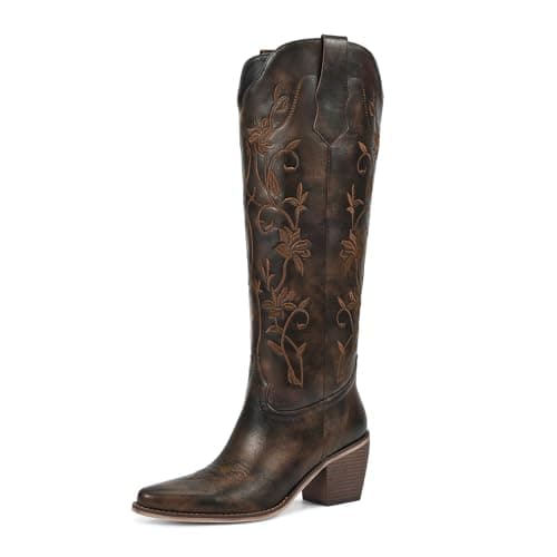 Wetkiss Women's Knee High Retro Floral Embroidered Western Cowgirl Boot