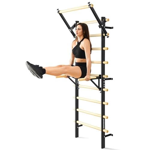 GymYard Solid Pine Swedish Ladder with Adjustable Pull-Up and Dip Station