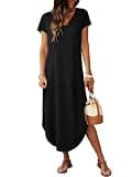 RUMIA Cap Sleeve V-Neck Long Maxi Sundress with Side Slit Flowy Hem and Pockets