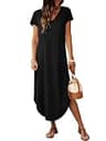 RUMIA Cap Sleeve V-Neck Long Maxi Sundress with Side Slit Flowy Hem and Pockets