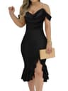 CHICME Off-The-Shoulder Pearl Strap Ruched Bodycon Midi Dress with Ruffle Split Hem