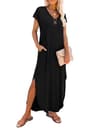 RUMIA Cap Sleeve V-Neck Long Maxi Sundress with Side Slit Flowy Hem and Pockets