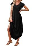 RUMIA Cap Sleeve V-Neck Long Maxi Sundress with Side Slit Flowy Hem and Pockets