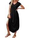 RUMIA Cap Sleeve V-Neck Long Maxi Sundress with Side Slit Flowy Hem and Pockets