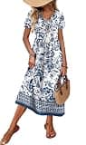 OFEEFAN Flowy Short Sleeve V-Neck A-Line Midi Dress with High Empire Waistline