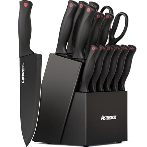 Astercook 15-Piece Teflon Coated German Stainless Steel Knife Set with Sharpener