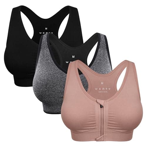 Women's Zip-Front Wireless Post-Surgery Padded Racerback Compression Bra 3-Pack