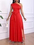 Ekaliy One-Shoulder A-Line Flowy Formal Maxi Dress with Integrated Side Pockets