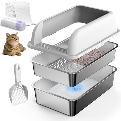 XXL Enclosed Stainless Steel Sifting Cat Litter Box for Pine Pellets (23.6 in)