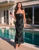 MEROKEETY Strapless 3D Floral Mesh Tube Maxi Evening Gown with Built-In Gel Tape