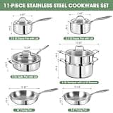 Heavy-Duty 3-Ply Clad Stainless Steel 11-Piece Professional Cookware Set