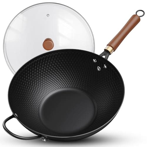Todlabe 13-Inch Pre-Seasoned Carbon Steel Wok Pan with Vented Glass Lid