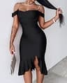 CHICME Off-The-Shoulder Pearl Strap Ruched Bodycon Midi Dress with Ruffle Split Hem