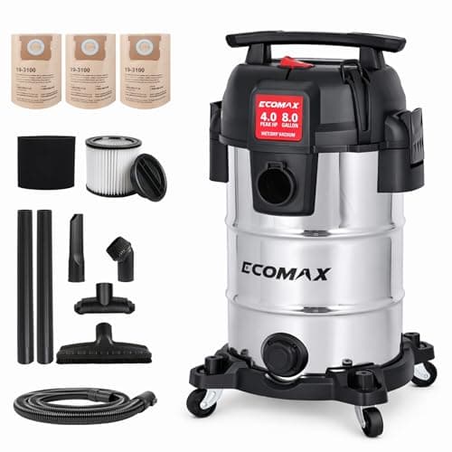 ECOMAX Ultra-Quiet 8-Gallon Stainless Steel Wet/Dry Shop Vac, 4 Peak HP