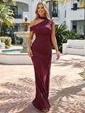 CurvySweet Isolde One-Shoulder Mesh Ribbon Ruched Maxi Dress with Built-In Bra