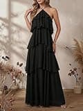 SOLY HUX Ruffle Layered Halter Backless Flowy Maxi Dress for Formal Summer Galas