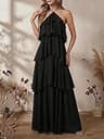 SOLY HUX Ruffle Layered Halter Backless Flowy Maxi Dress for Formal Summer Galas