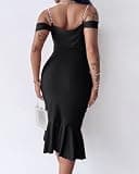CHICME Off-The-Shoulder Pearl Strap Ruched Bodycon Midi Dress with Ruffle Split Hem