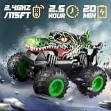 BEZGAR Dinosaur RC Monster Truck with 360-Degree Spins and Interactive LED Lights