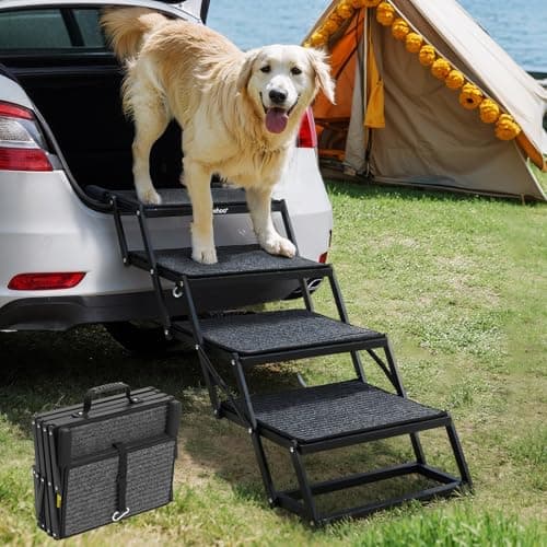 Veehoo 4-Step Foldable Iron Dog Stairs with Artificial Grass for Cars and SUVs
