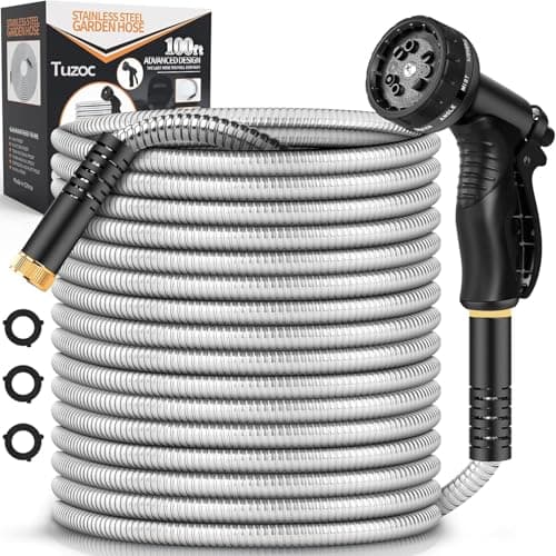 Tuzoc 100ft Heavy-Duty Metal Garden Hose with 304 Stainless Steel Armor