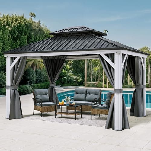 YITAHOME 10x12 ft. Double Roof Hardtop Gazebo with Netting and Curtains