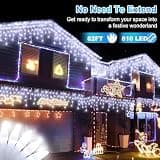 QUHUATU 82-Foot Cool White LED Icicle Lights 810-Bulb Dimmable Display Kit