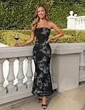 MEROKEETY Strapless 3D Floral Mesh Tube Maxi Evening Gown with Built-In Gel Tape