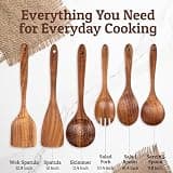 PriorityChef Premium 6-Piece Hand-Carved Teak Wood Utensil Set with Hooks