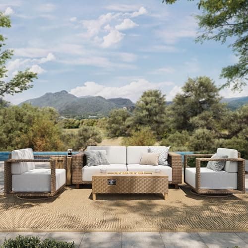 HERA'S HOUSE 4-Piece Swivel Chair Patio Set with 50,000 BTU Fire Pit Table