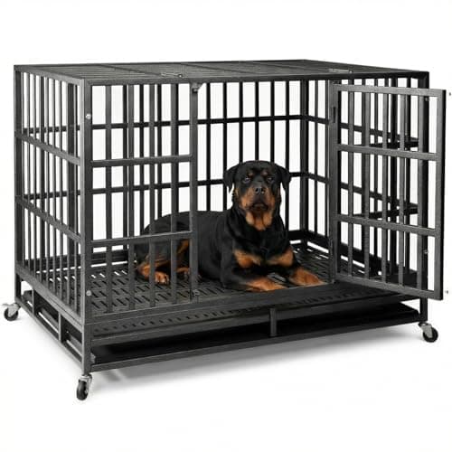 NUGRIART 48-Inch Heavy Duty Indestructible Steel Dog Crate with Rolling Wheels