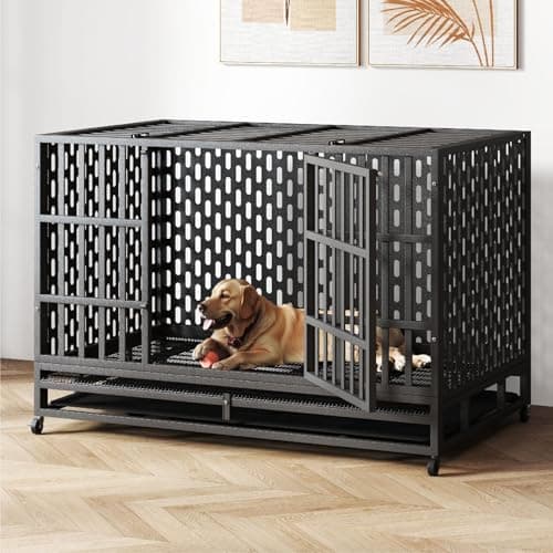 HIWOKK 48-Inch Heavy Duty Indestructible Steel Dog Crate with Rounded Edges