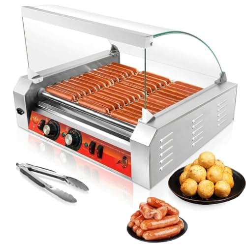 Vexon 11-Roller Hot Dog Cooker, 30-Dog Capacity with Safety Cover, 1670W
