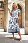 OFEEFAN Flowy Short Sleeve V-Neck A-Line Midi Dress with High Empire Waistline