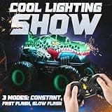 BEZGAR Dinosaur RC Monster Truck with 360-Degree Spins and Interactive LED Lights