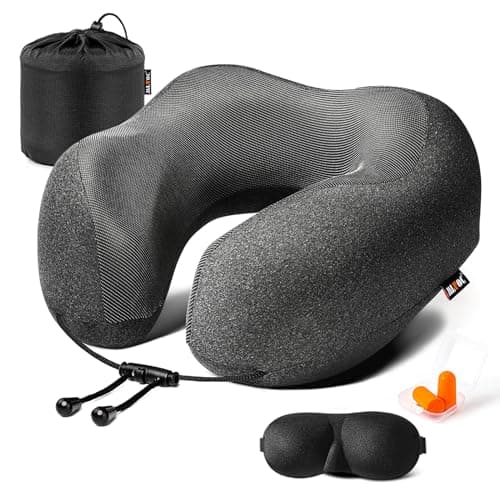 MLVOC Ergonomic Memory Foam Travel Neck Pillow with 3D Eye Mask and Earplugs