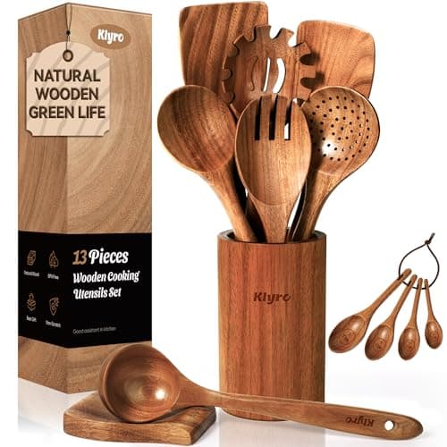 KLYRO 9-Piece Teak Wooden Cooking Utensil Set with Wood Measuring Spoons