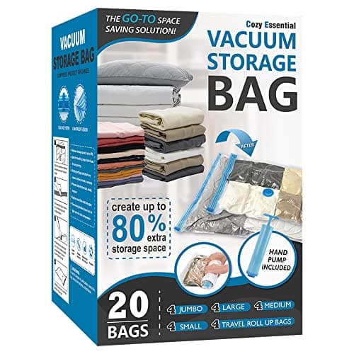 Cozy Essential 20-Pack Jumbo and Travel Vacuum Storage Bags with Manual Hand Pump