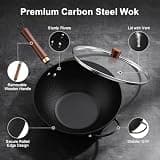 Todlabe 13-Inch Pre-Seasoned Carbon Steel Wok Pan with Vented Glass Lid