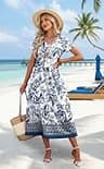 OFEEFAN Flowy Short Sleeve V-Neck A-Line Midi Dress with High Empire Waistline