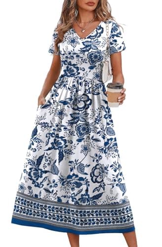 OFEEFAN Flowy Short Sleeve V-Neck A-Line Midi Dress with High Empire Waistline