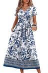 OFEEFAN Flowy Short Sleeve V-Neck A-Line Midi Dress with High Empire Waistline