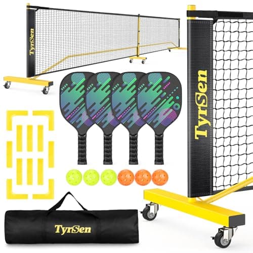 TYRSEN Portable 22-Foot Regulation Pickleball Net System with Wheels & 4 Paddles