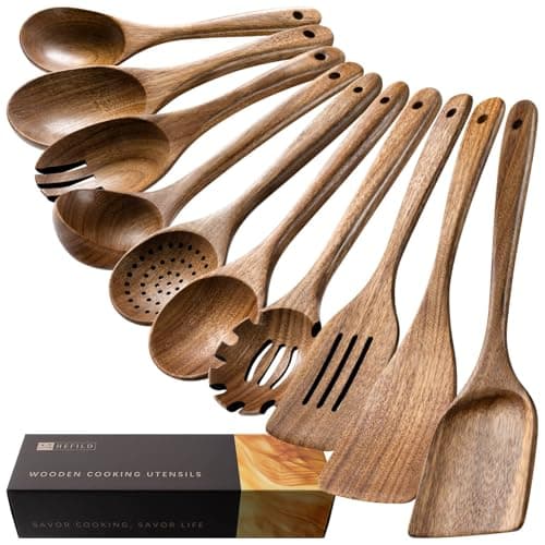 Hefild 10-Piece Acacia Wood Cooking Spoons and Spatulas Starter Set