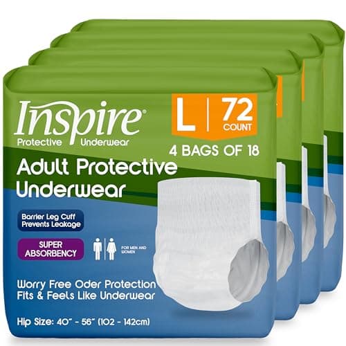 Inspire Disposable Protective Underwear for Bowel Incontinence, Large, 72-Pack