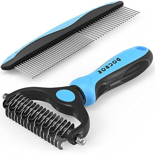 Docrok Pet Grooming Combo Blue Deshedding Brush with Metal Comb Included