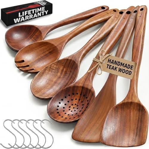 PriorityChef Premium 6-Piece Hand-Carved Teak Wood Utensil Set with Hooks