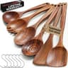PriorityChef Premium 6-Piece Hand-Carved Teak Wood Utensil Set with Hooks