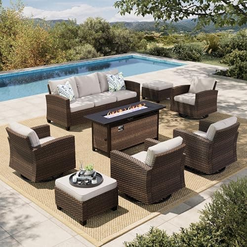 HERA'S HOUSE 8-Piece Swivel Glider Patio Set with 56-Inch Fire Pit Table
