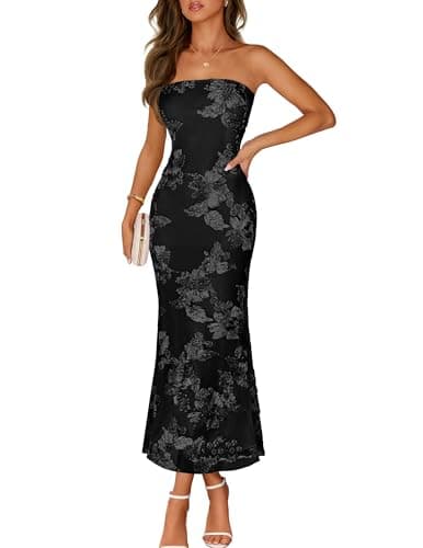 MEROKEETY Strapless 3D Floral Mesh Tube Maxi Evening Gown with Built-In Gel Tape